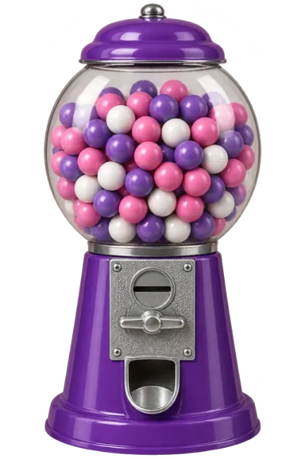 Purple Gumball Machine Filled With Colorful Candy