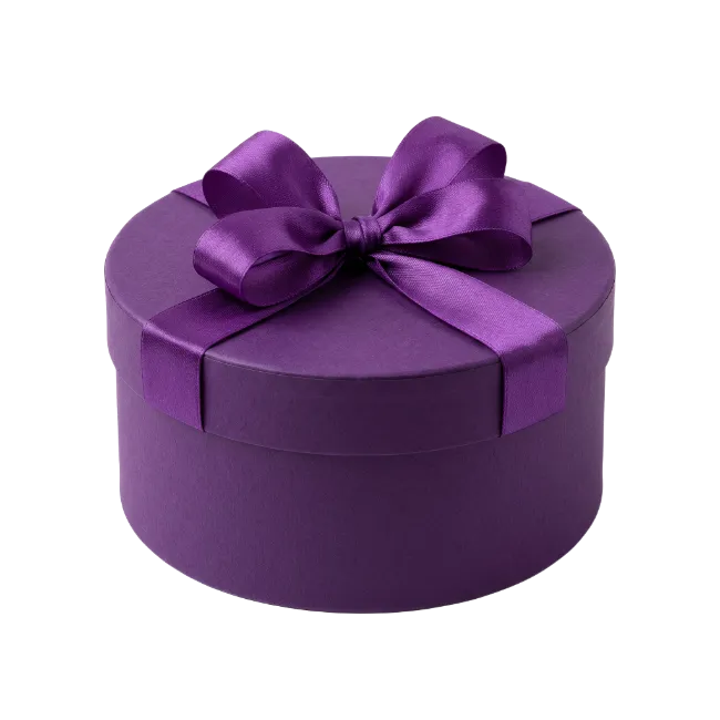 Purple round gift box with silk ribbon bow