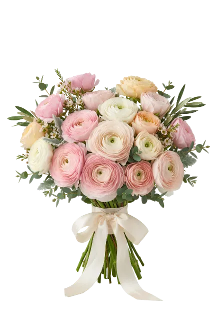 Ranunculus flower bouquet with ribbon