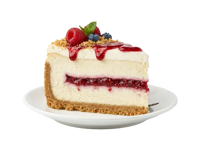 Raspberry Cheesecake Slice on White Plate