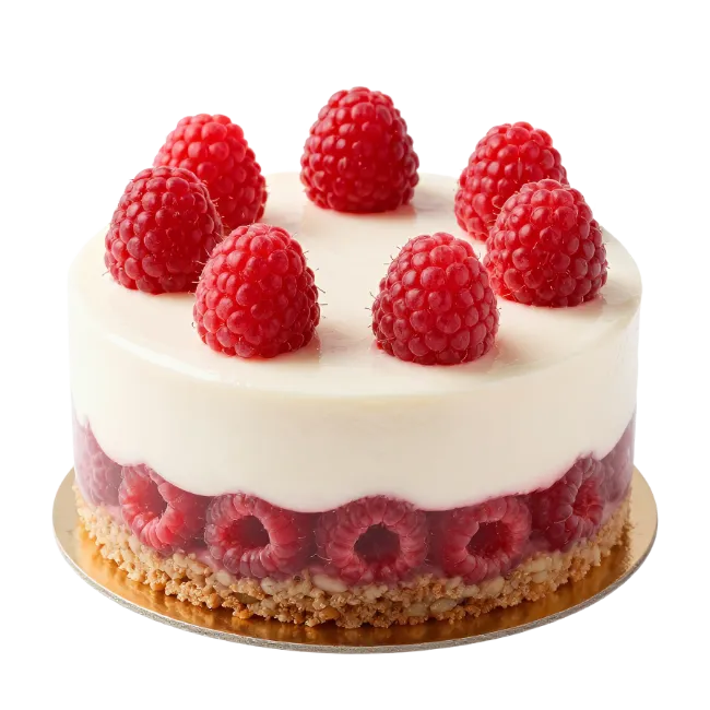 Raspberry mousse cake with white glaze and fresh berries