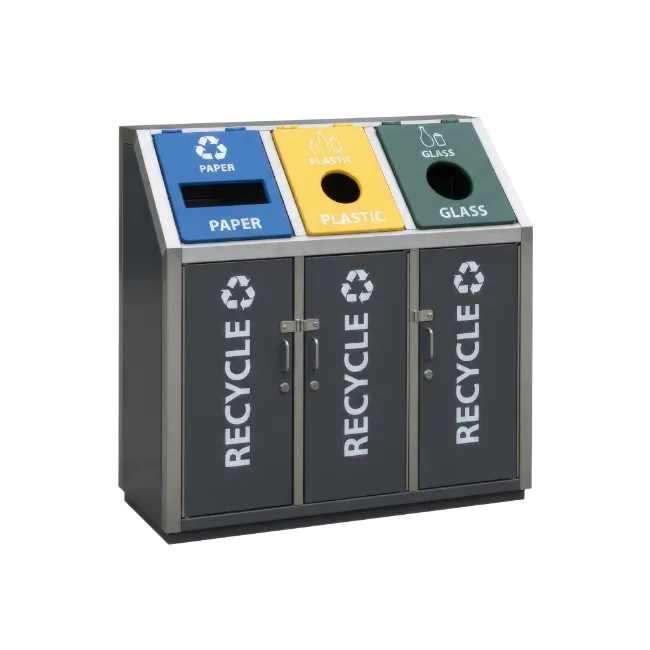 Recycling bin station with three compartments