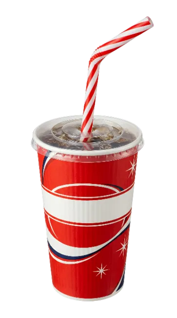 Red and white disposable paper cup with straw