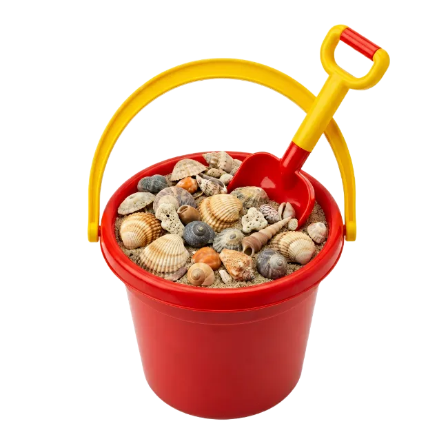 Red Beach Bucket Filled with Sand and Shells