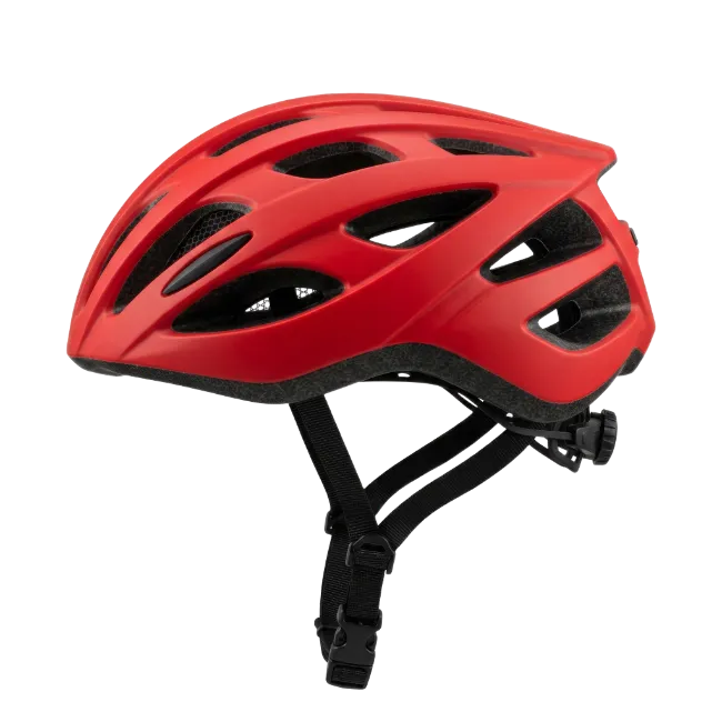 Red bicycle helmet with ventilation vents
