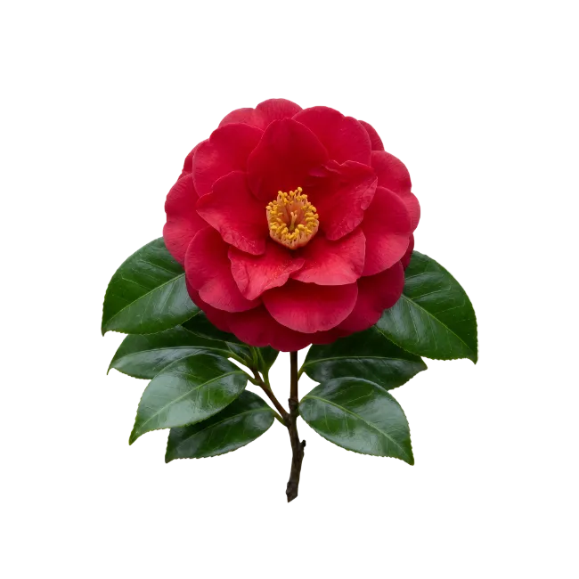 Red Camellia Flower with Green Leaves