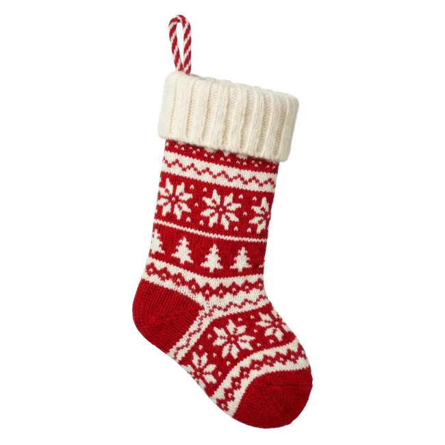 Red Christmas stocking with knitted Nordic pattern
