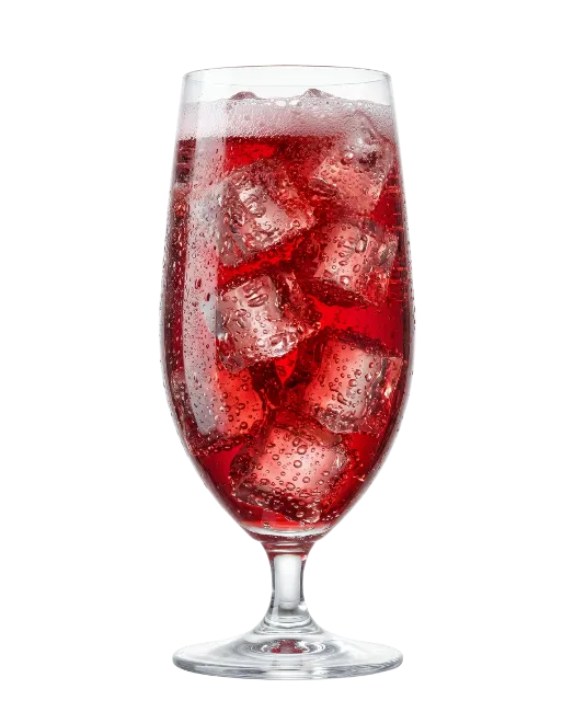Red cocktail with ice cubes in glass