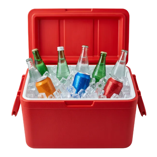 Red Cooler Box Filled With Ice And Cold Drinks