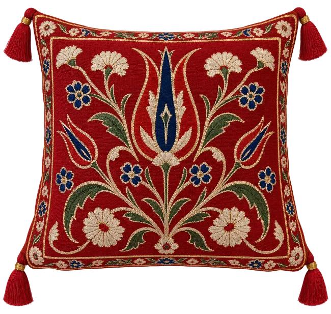 Red Decorative Throw Pillow with Traditional Floral Embroidery