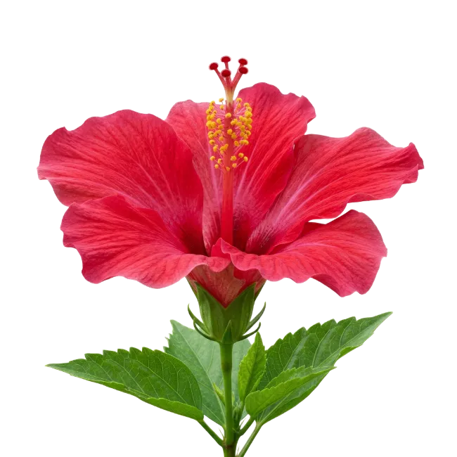 Red Hibiscus Flower with Green Leaves