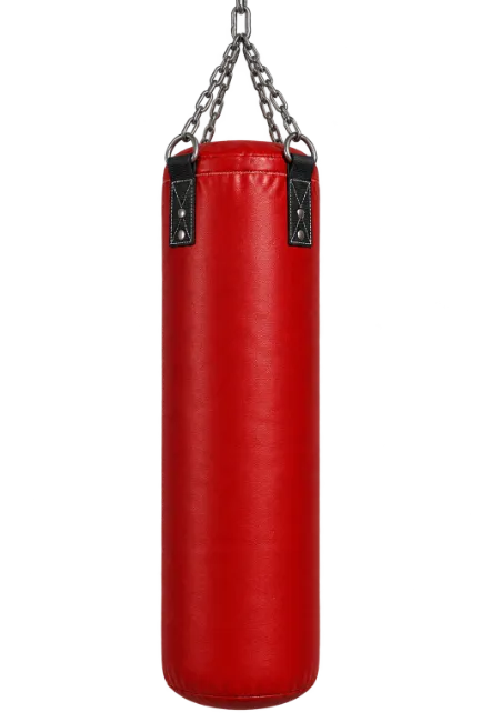 Red leather punching bag hanging from metal chains