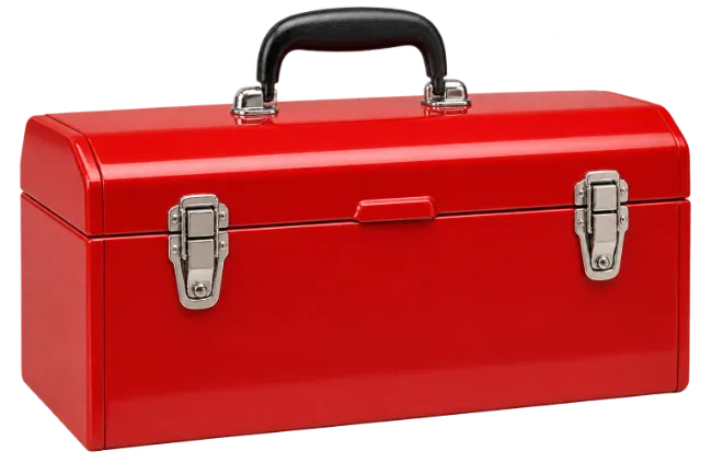Red Metal Toolbox with Black Handle and Silver Latches