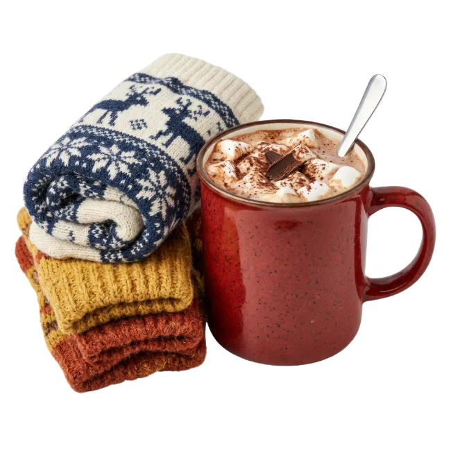 Red Mug of Hot Chocolate with Marshmallows and Winter Socks