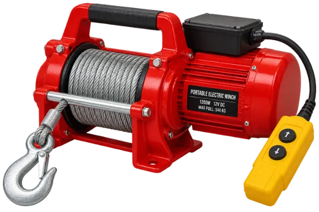 Red Portable Electric Winch with Steel Cable