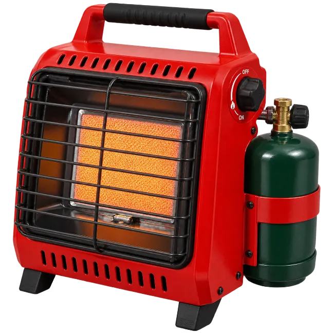 Red Portable Propane Heater with Green Gas Cylinder