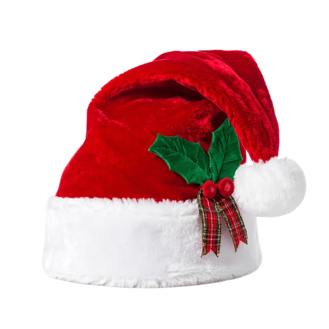 Red Santa Claus Hat with Holly and Berries