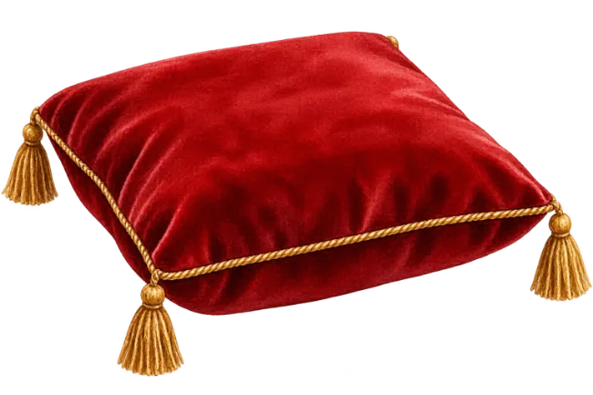 Red velvet cushion with golden tassels illustration