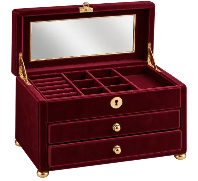 Red Velvet Jewelry Box with Mirror and Drawers