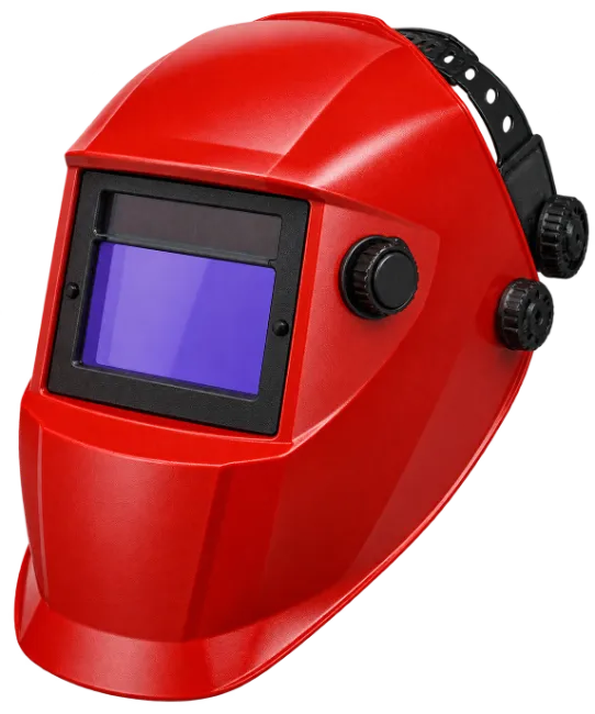 Red welding helmet with auto-darkening lens