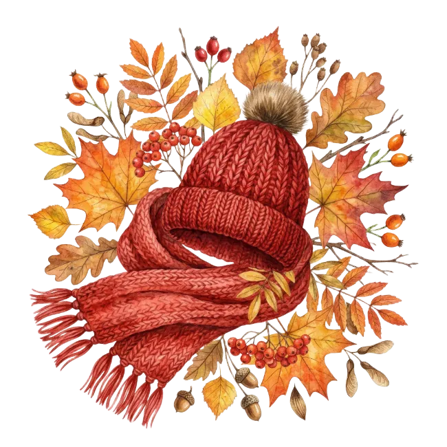 Red Winter Scarf And Hat With Autumn Leaves