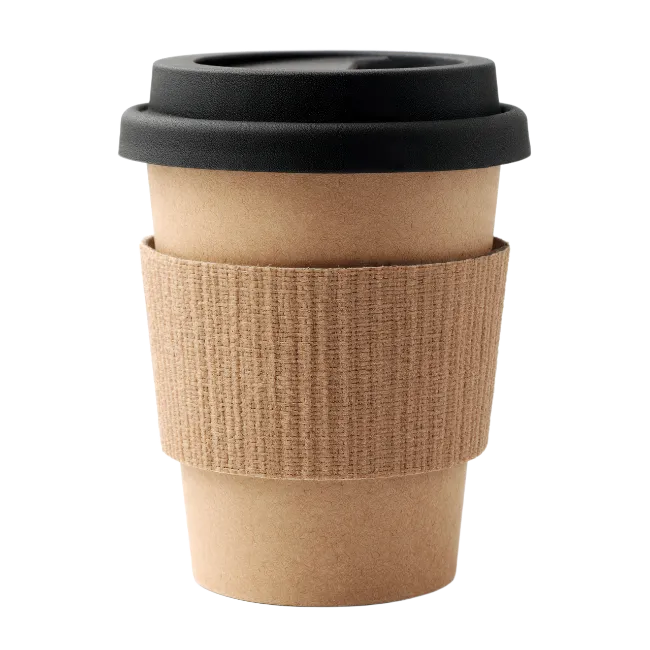 Reusable coffee cup with black lid and sleeve