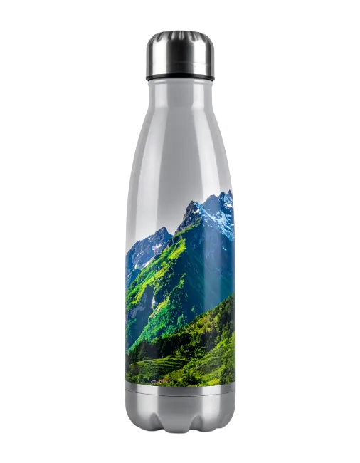 Reusable water bottle with mountain landscape print