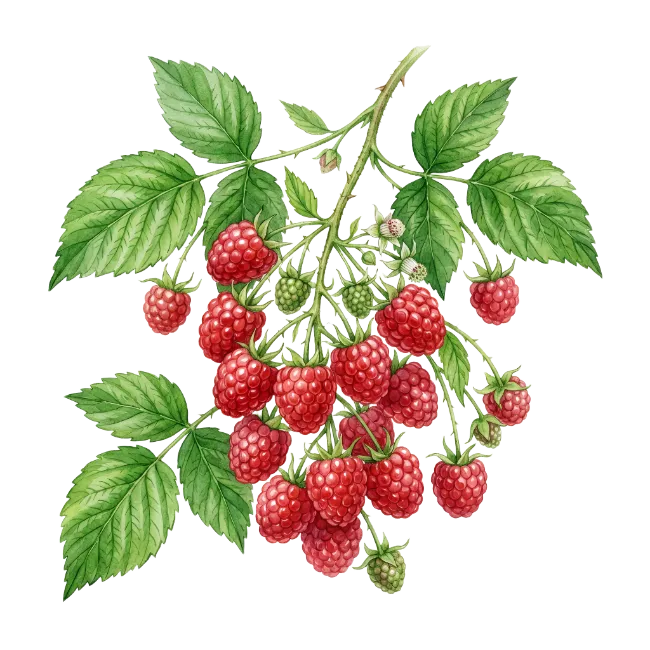 Ripe raspberries on branch with green leaves