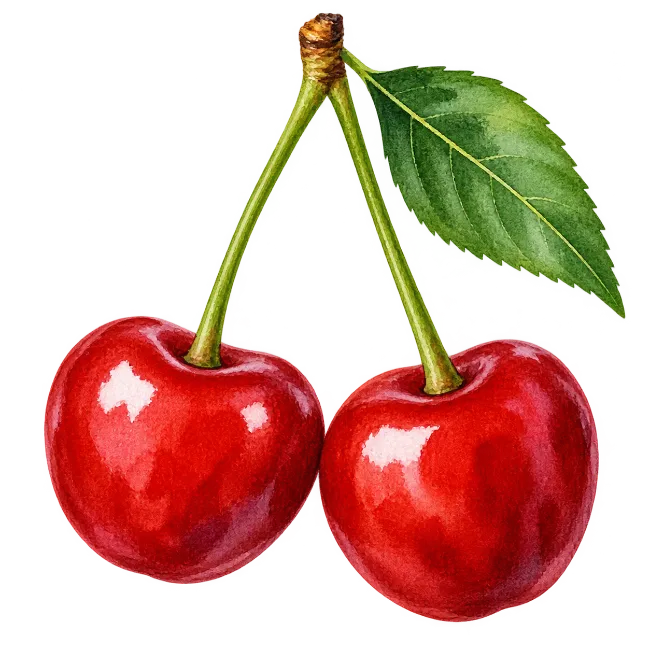 Ripe Red Cherries with Green Leaf
