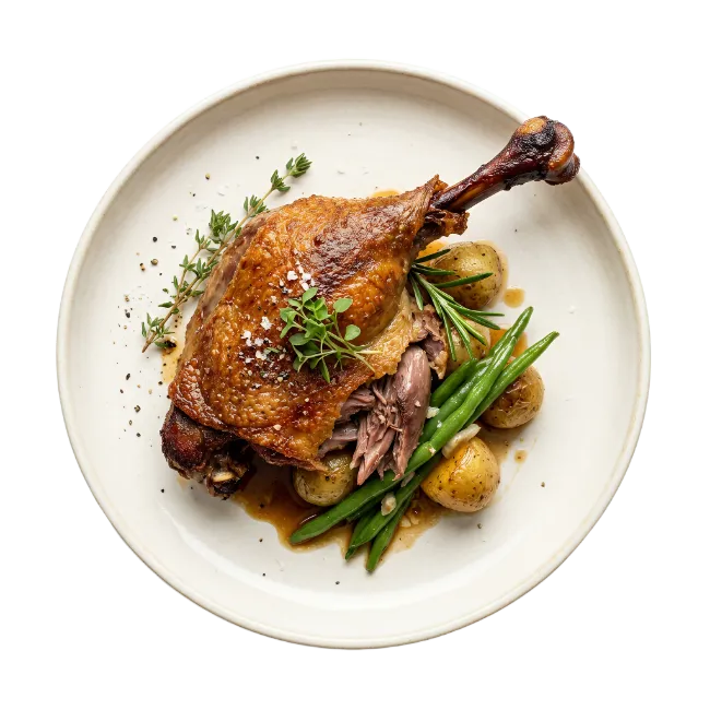 Roasted Duck Leg Confit with Potatoes and Green Beans