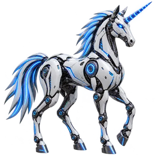 Robotic Unicorn with Glowing Blue Lights