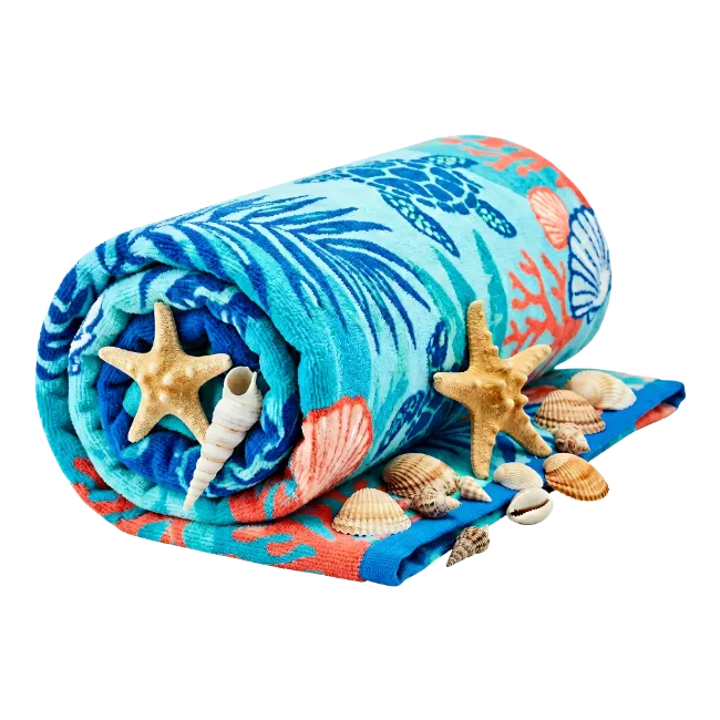 Rolled Beach Towel with Seashells and Starfish