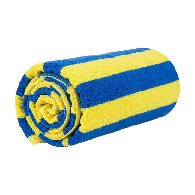 Rolled blue and yellow striped beach towel