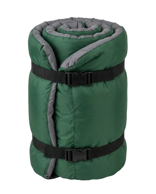 Rolled Green Sleeping Bag with Black Straps