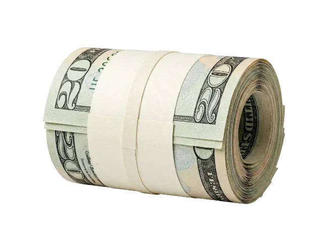 Rolled stack of US twenty dollar bills