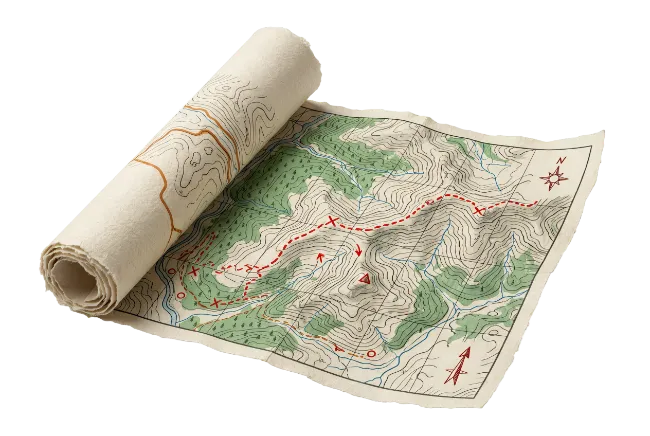 Rolled Vintage Topographic Map with Red Trail Route