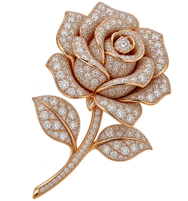 Rose Flower Shaped Diamond Brooch on Stem
