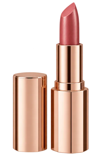 Rose gold lipstick tube with pink lipstick