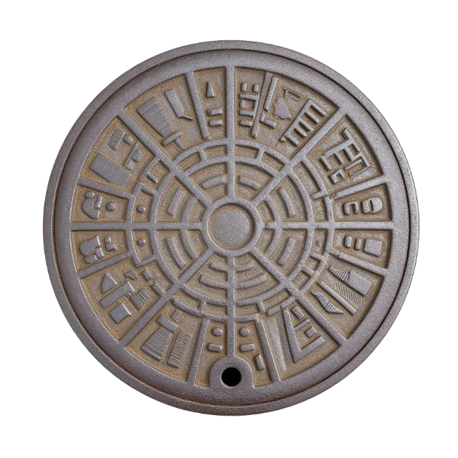 Round metal manhole cover with geometric map pattern
