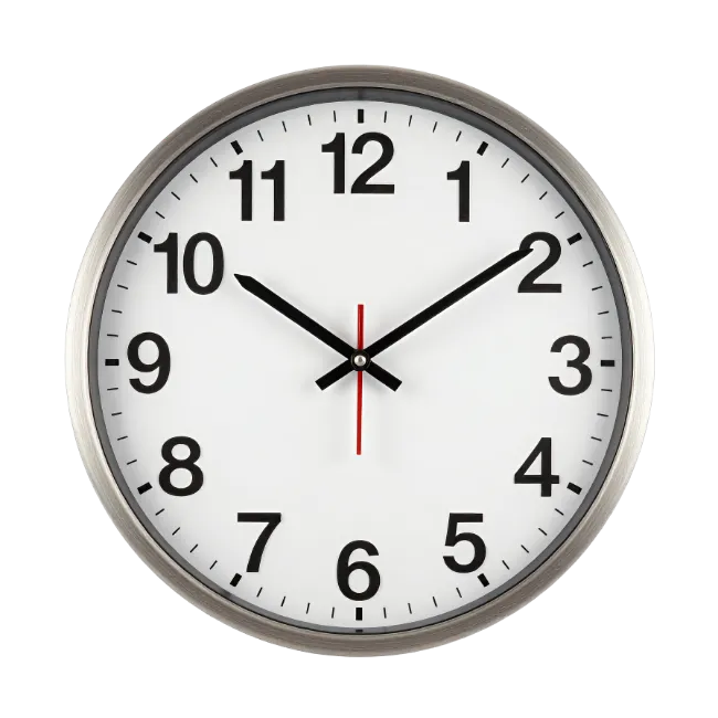 Round silver wall clock with black numbers
