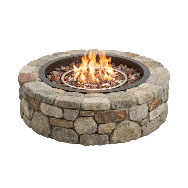 Round stone fire pit with burning flames