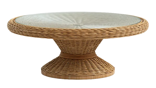 Round Wicker Coffee Table with Glass Top