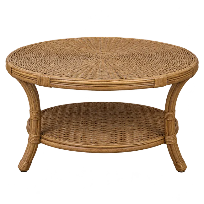 Round Wicker Coffee Table with Shelf