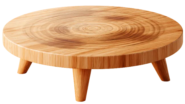 Round wooden cake stand with three legs