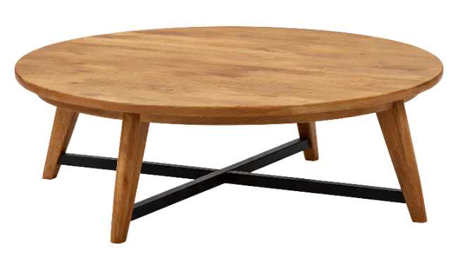 Round Wooden Coffee Table with Black Metal Base