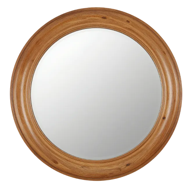 Round wooden framed mirror on a white background