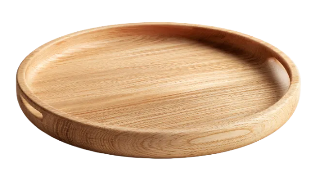Round wooden serving tray with handles