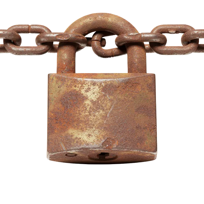 Rusted Padlock Attached to Iron Chain