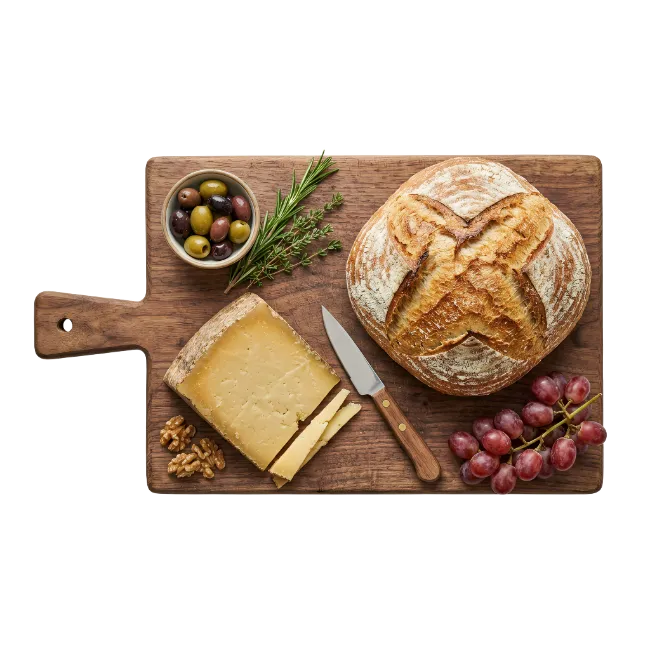 Rustic Bread Cheese and Fruit Wooden Board