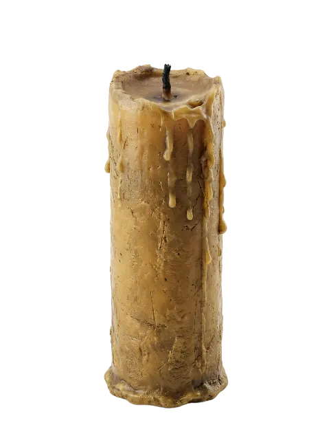 Rustic brown wax pillar candle with melted drips